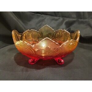 Vintage Jeannette Amberina (Flash) Glass Oval Fruit Bowl Red & Yellow Footed